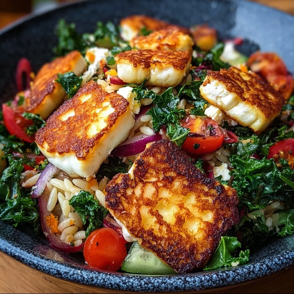 Kritharaki-Salat mit knusprigen Halloumi-Croutons