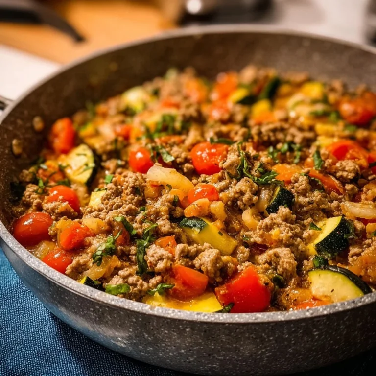Leckere Low Carb Hackfleisch-Gemüse-Pfanne auf einem Teller serviert.