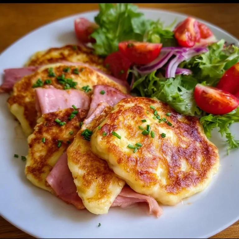 Leckere Low Carb Schinken-Mozzarella-Pfannkuchen serviert mit frischem Salat