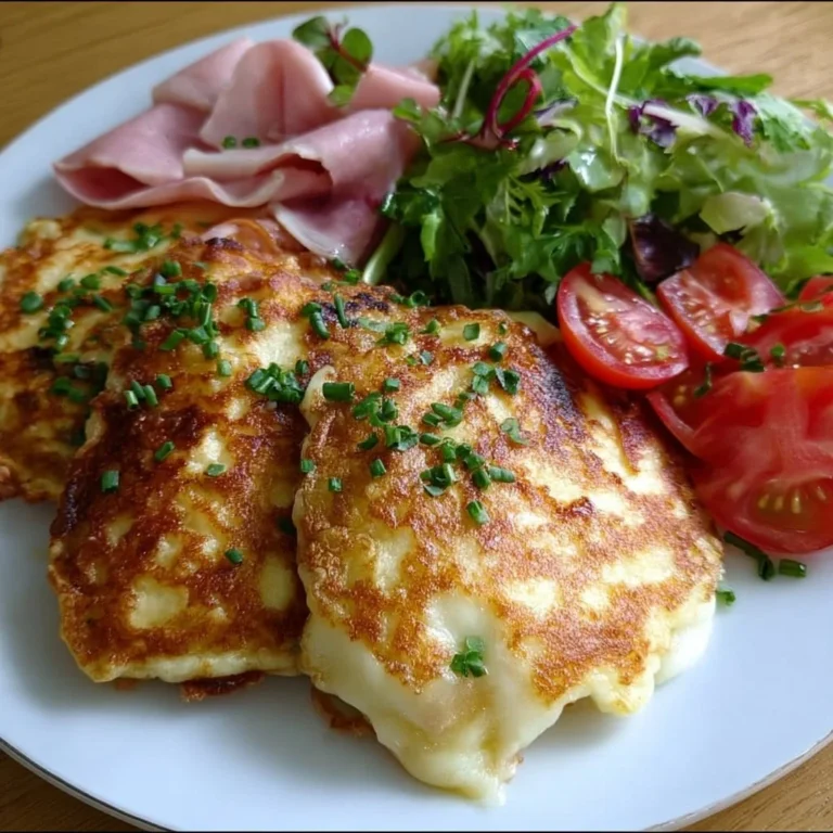 Leckere Low Carb Schinken-Mozzarella-Pfannkuchen mit Salat