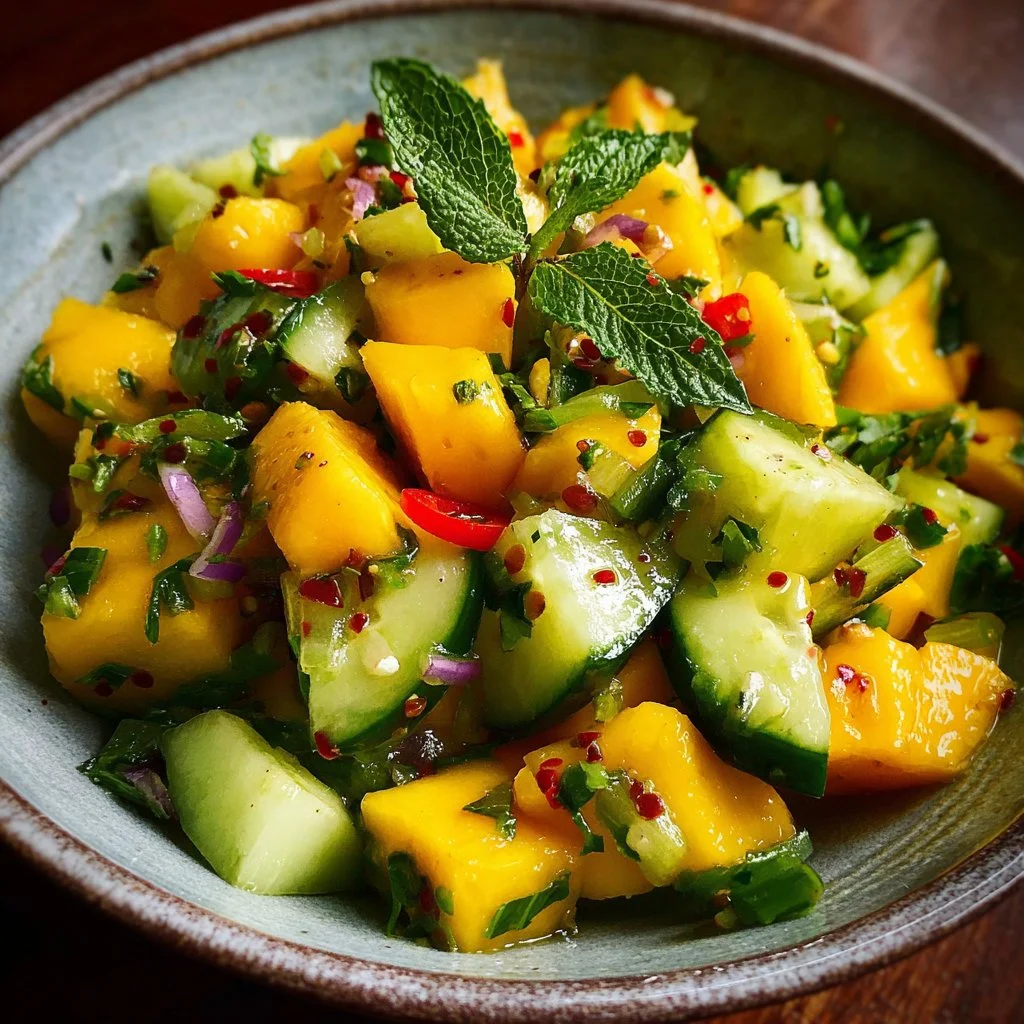 Frischer Mango-Gurken-Salat mit Dressing und Kräutern auf einem Teller