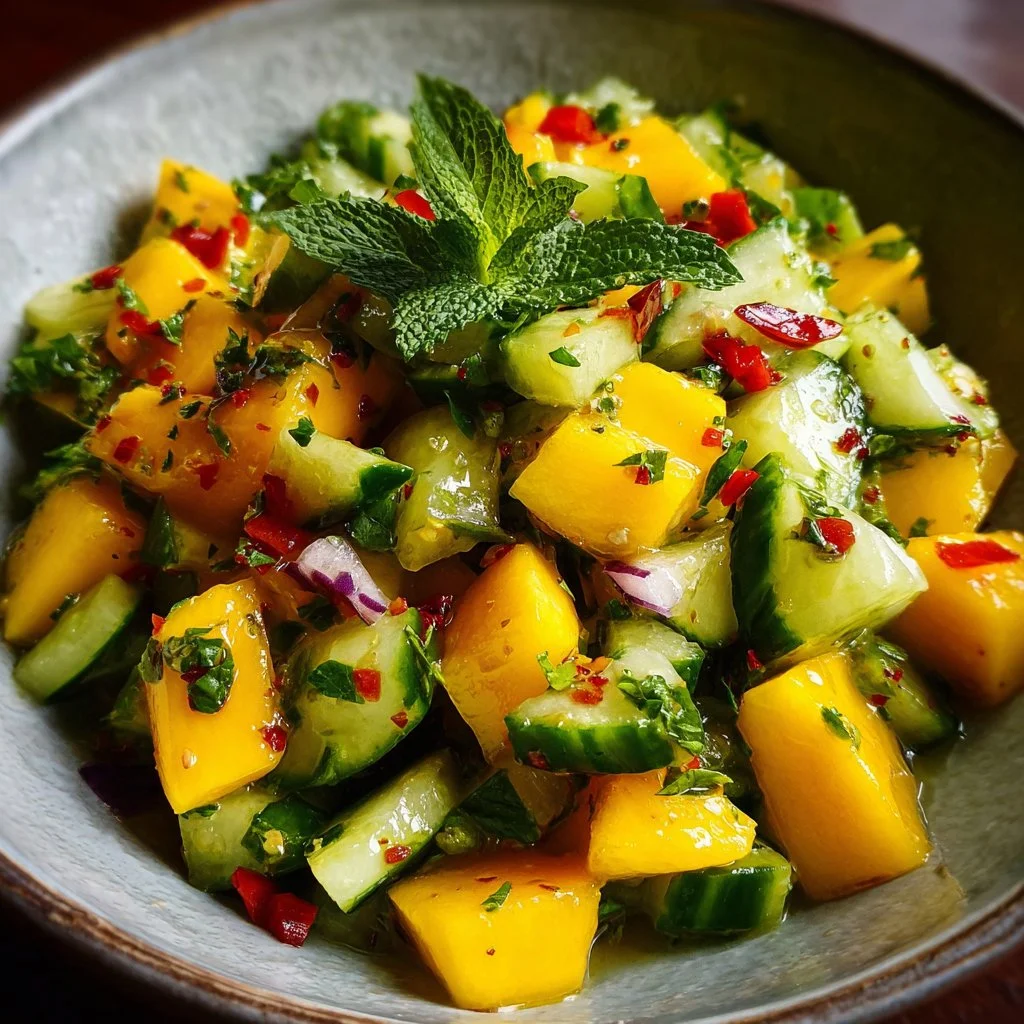 Frischer Mango Gurken Salat mit aromatischen Zutaten und buntem Gemüse