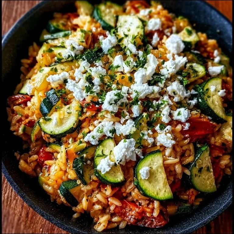 Mediterrane Zucchini-Reis-Pfanne mit Feta auf einem Teller serviert