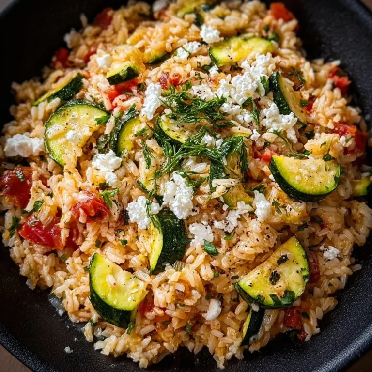 Mediterrane Zucchini-Reis-Pfanne auf einem Holzbrett serviert