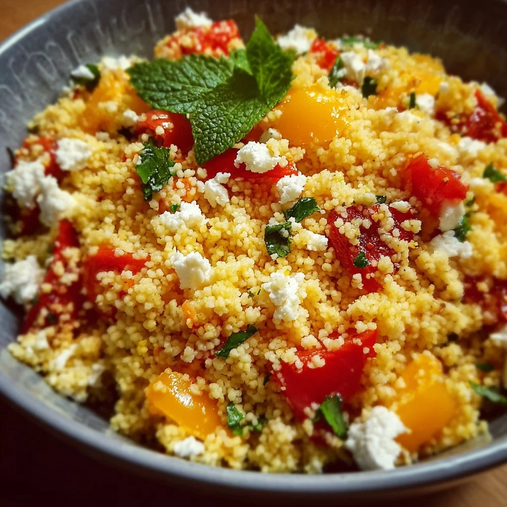 Mediterraner Couscous-Salat mit Feta und roten Paprika in einer Schüssel