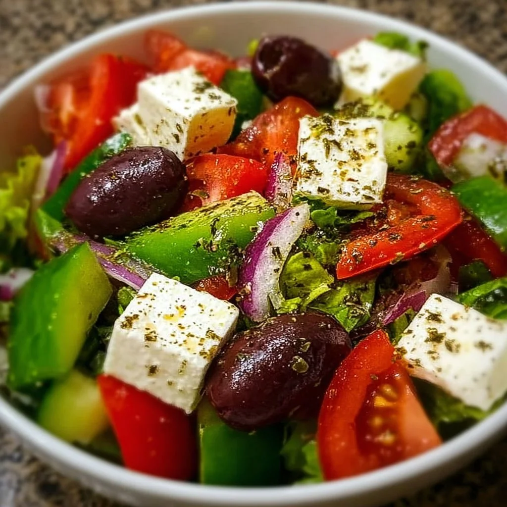 Mediterraner griechischer Salat (Horiatiki) mit frischem Gemüse und Feta-Käse.