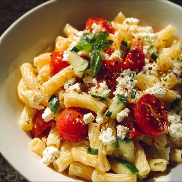 Mediterraner Pasta-Salat mit Tomaten und Feta in einer Schüssel