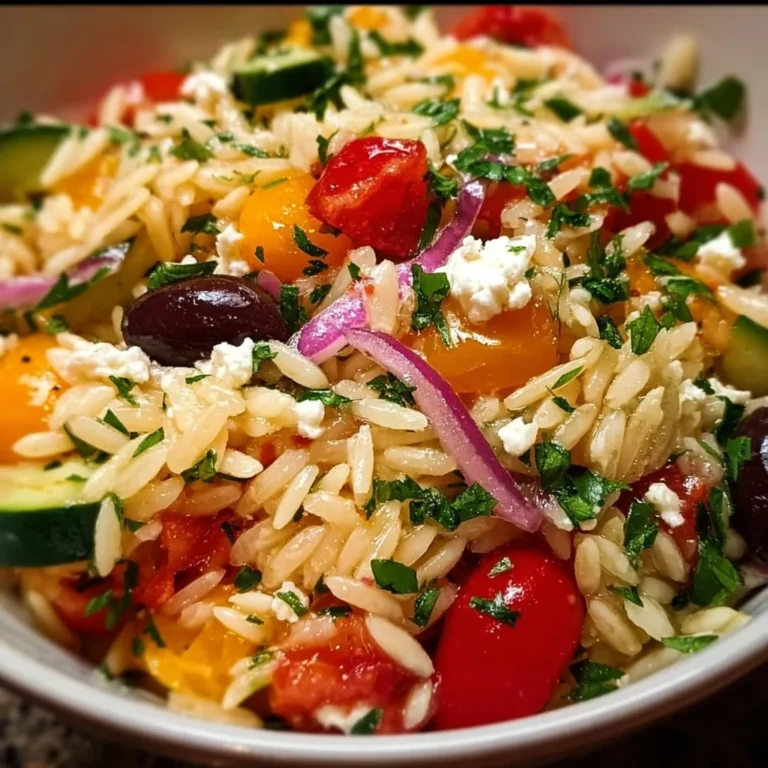 Schmackhafter Mediterraner Orzo-Salat mit frischem Gemüse und Kräutern.