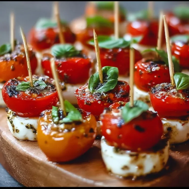 Mini Caprese Bites mit Tomate, Mozzarella und Basilikum auf einem Teller