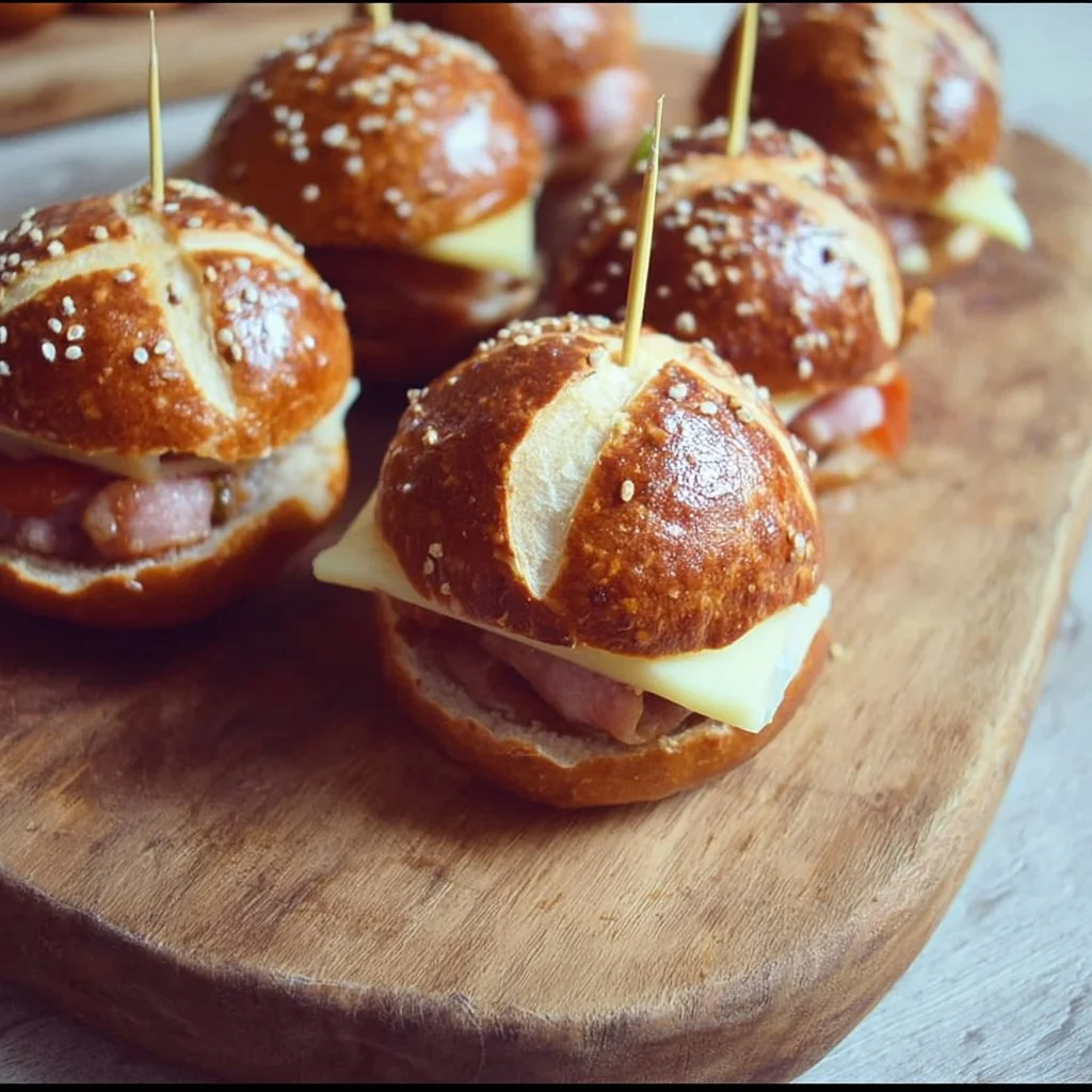 Leckere Mini-Laugen-Burger mit Leberkäse auf einem Holzbrett