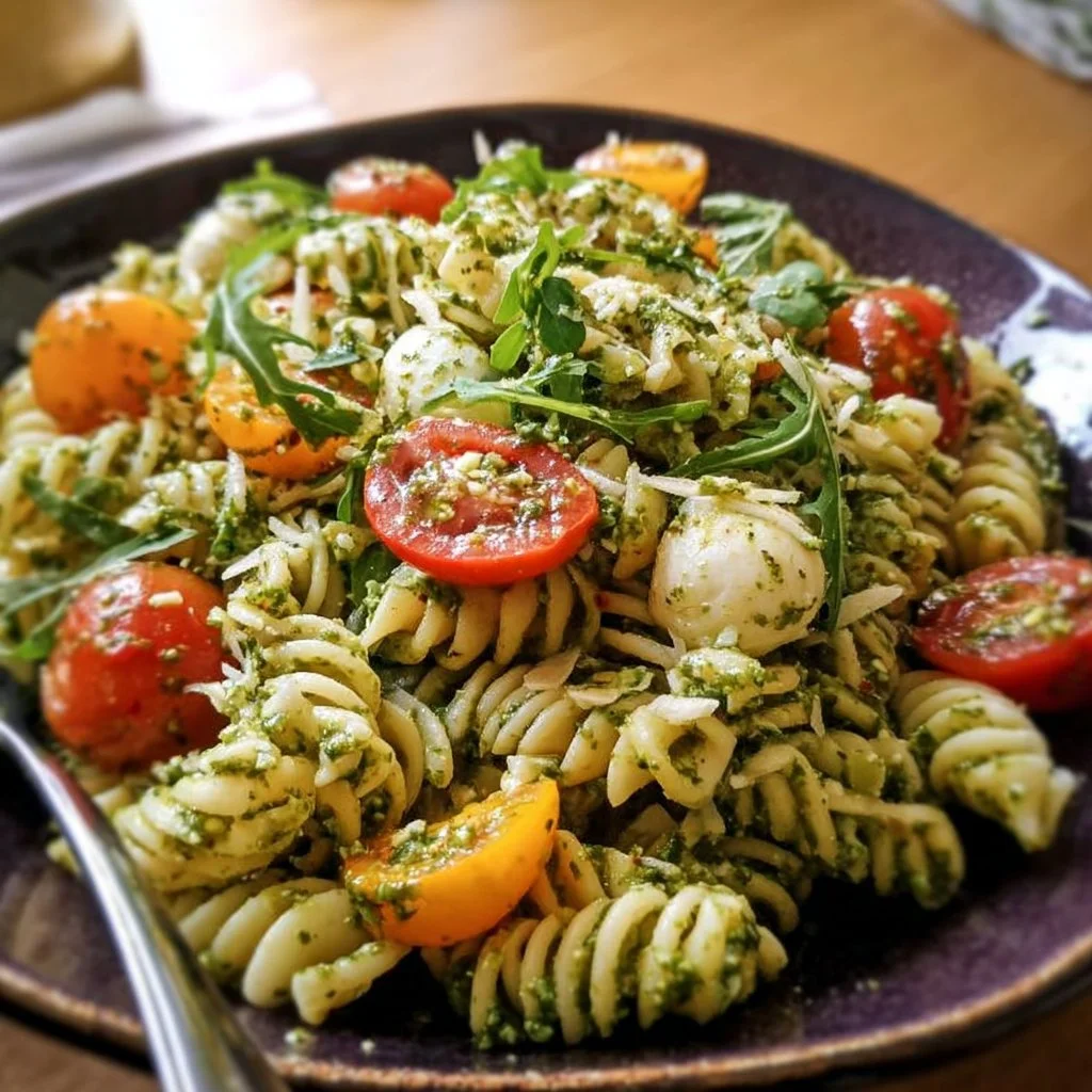 Nudelsalat mit Pesto in einer bunten Schüssel auf einem Tisch serviert