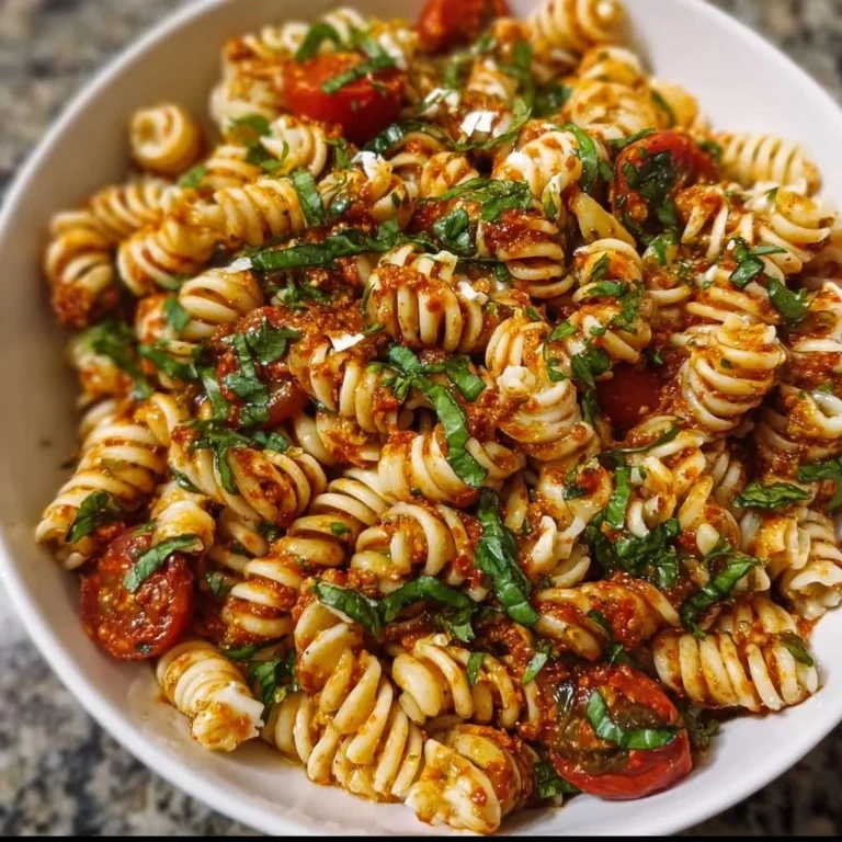 Nudelsalat mit rotem Pesto in einer bunten Schüssel