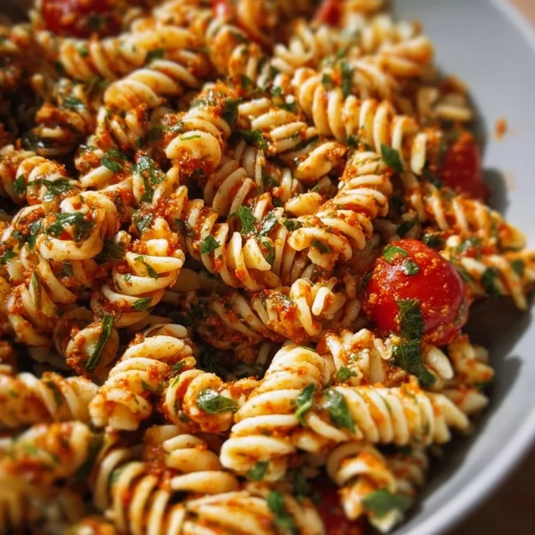 Nudelsalat mit rotem Pesto in einer Schüssel angerichtet