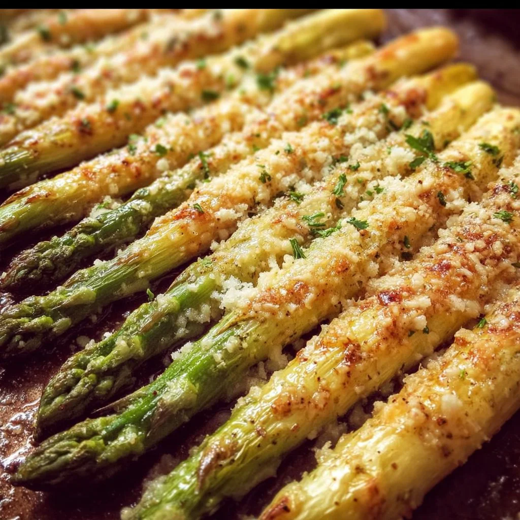 Ofenspargel mit Parmesan im Ofen gebacken, serviert auf einem Teller.