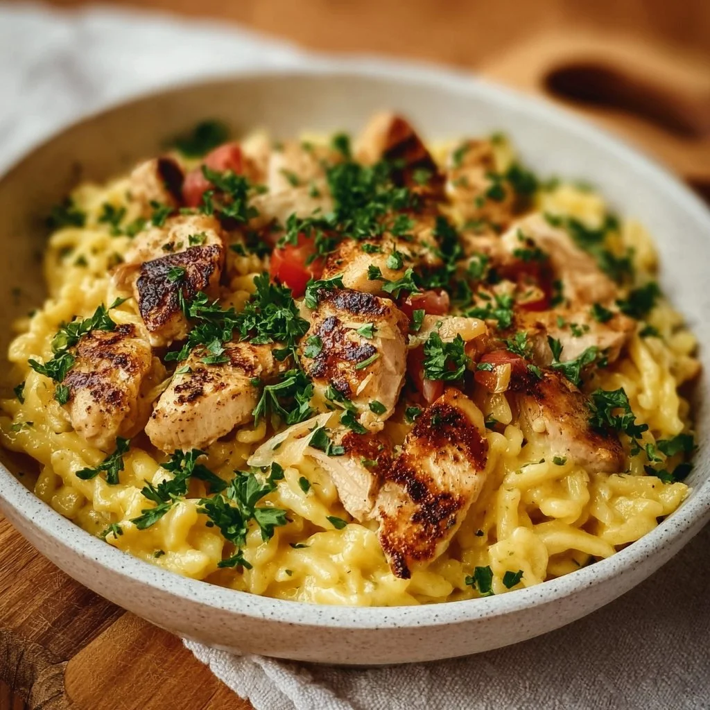 One-Pot-Spätzle mit Hähnchen auf einem Teller serviert