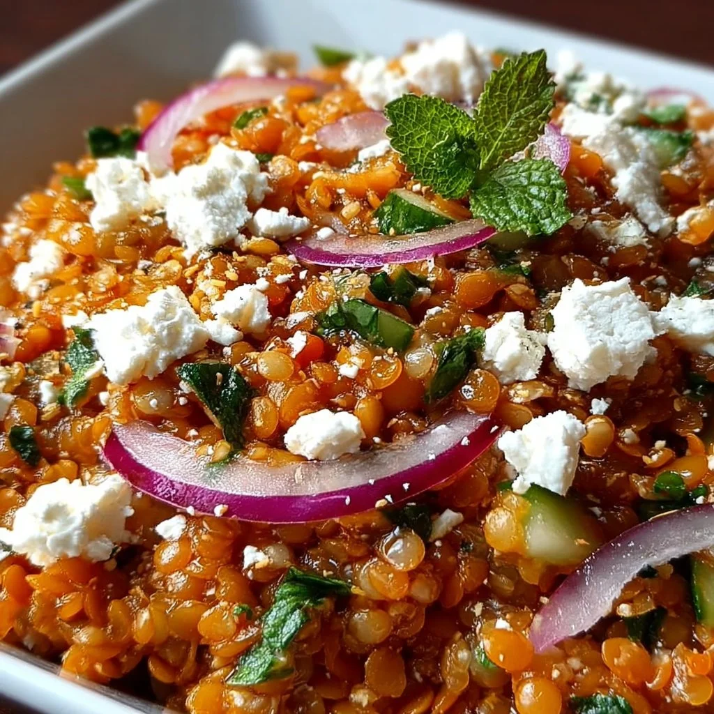 Orientalischer roter Linsensalat mit Feta und buntem Gemüse
