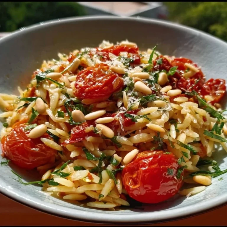 Orzo-Salat mit Tomaten und Pinienkernen in einer Schüssel