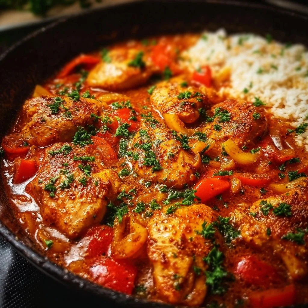 Paprika-Hähnchen-Pfanne mit buntem Gemüse und Gewürzen