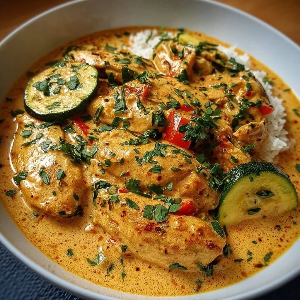 Paprika Zucchini Hähnchen in Sahnesoße, schnell zubereitet, köstliches Rezept