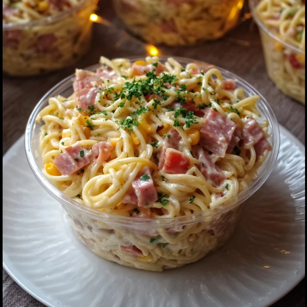 Pasta mit Schinken in einer cremigen Soße serviert