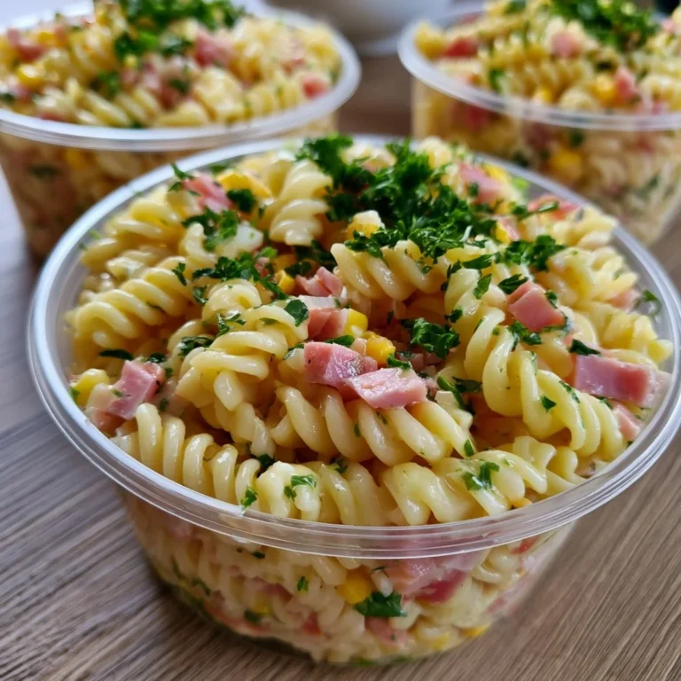 Pasta mit Schinken und frischen Zutaten auf einem Teller serviert