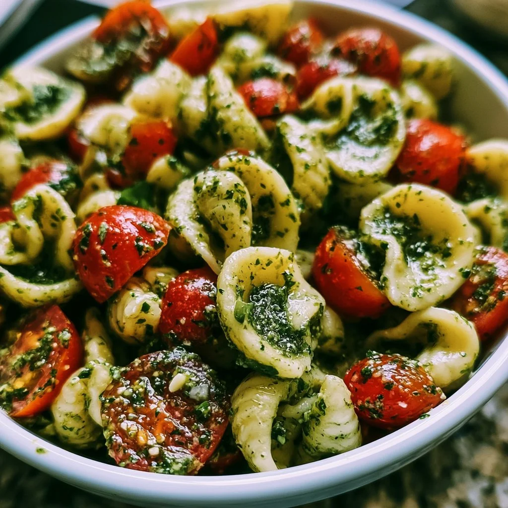 Leckerer Pesto Nudelsalat mit frischen Zutaten serviert