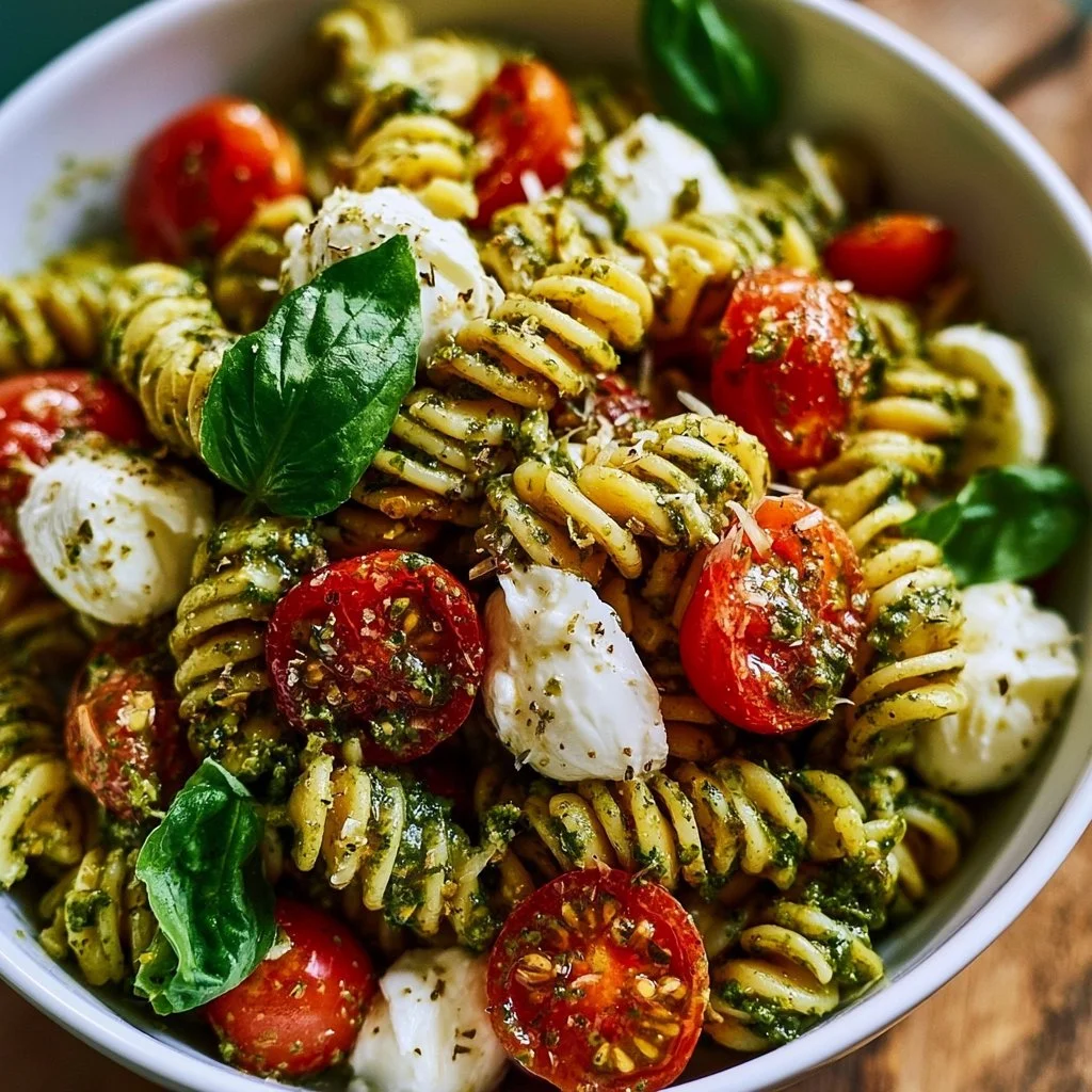 Pesto Nudelsalat mit Tomaten und Mozzarella in einer Schüssel.