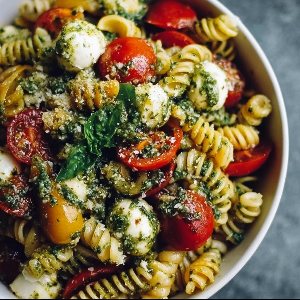 Pesto-Nudelsalat mit Tomaten und Mozzarella, ideal für ein Sommeressen.