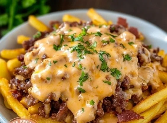 Pommes Frites mit Hackfleisch und Cheddar auf einem Teller serviert