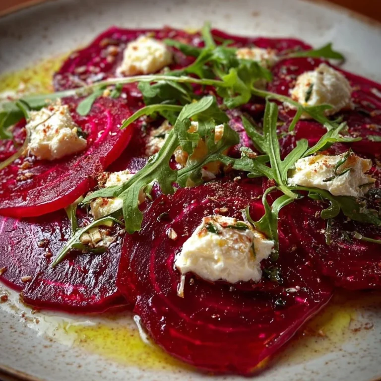 Köstliches Rote Bete-Carpaccio mit frischen Zutaten angerichtet.
