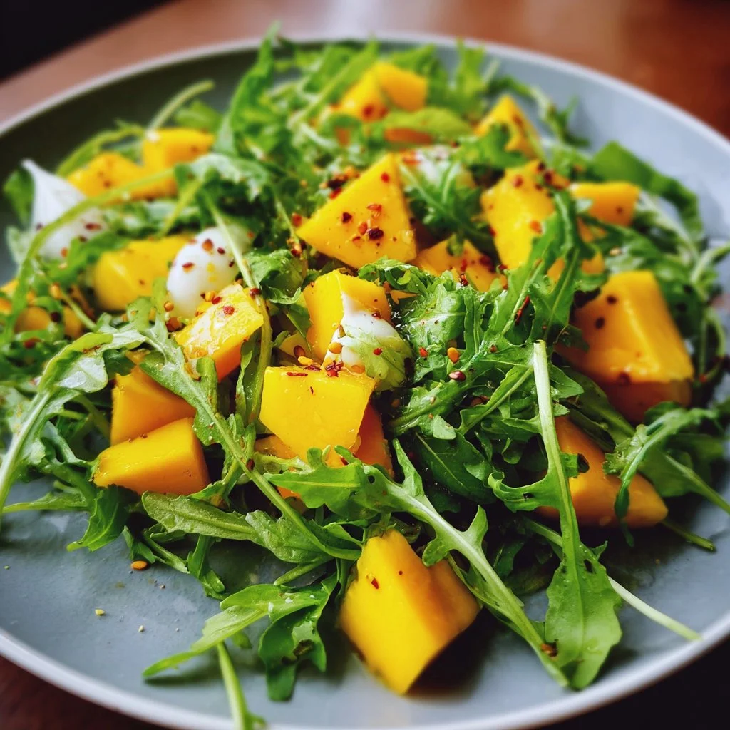 Rucola-Mango-Salat mit frischen Zutaten auf einem weißen Teller