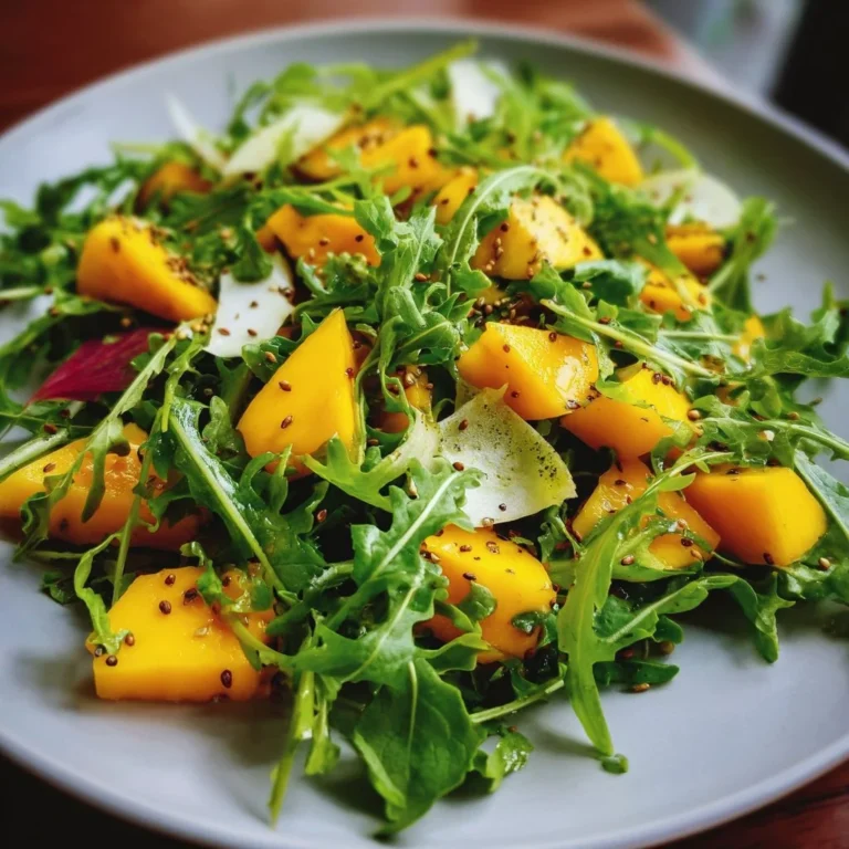 Ein köstlicher Rucola Mango Salat mit frischen Zutaten auf einem Teller.
