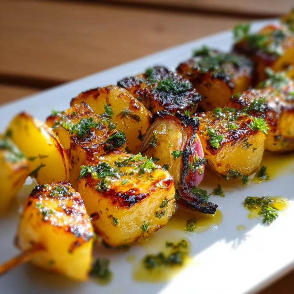 Saftige gegrillte Honig-Senf Kartoffelspieße auf dem Grill