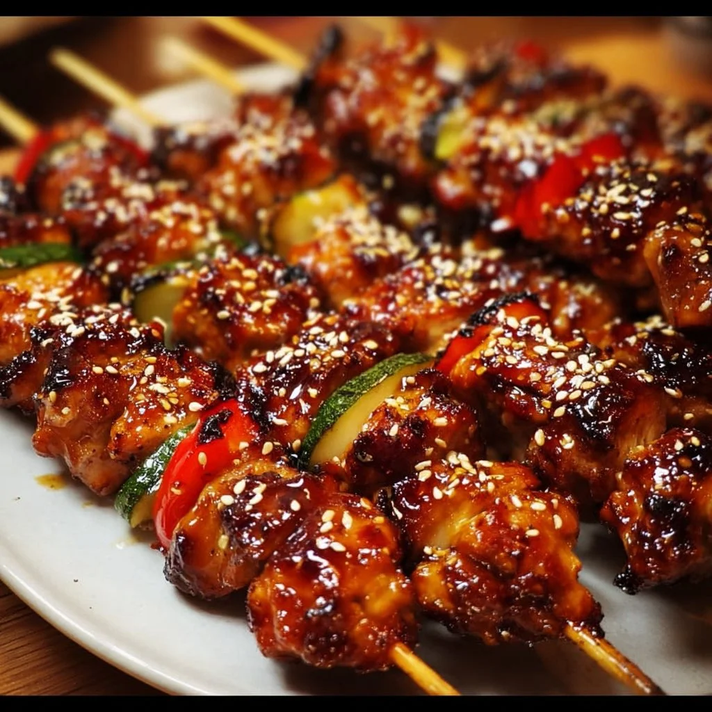 Saftige Teriyaki Hähnchen Spieße auf dem Grill zubereitet.