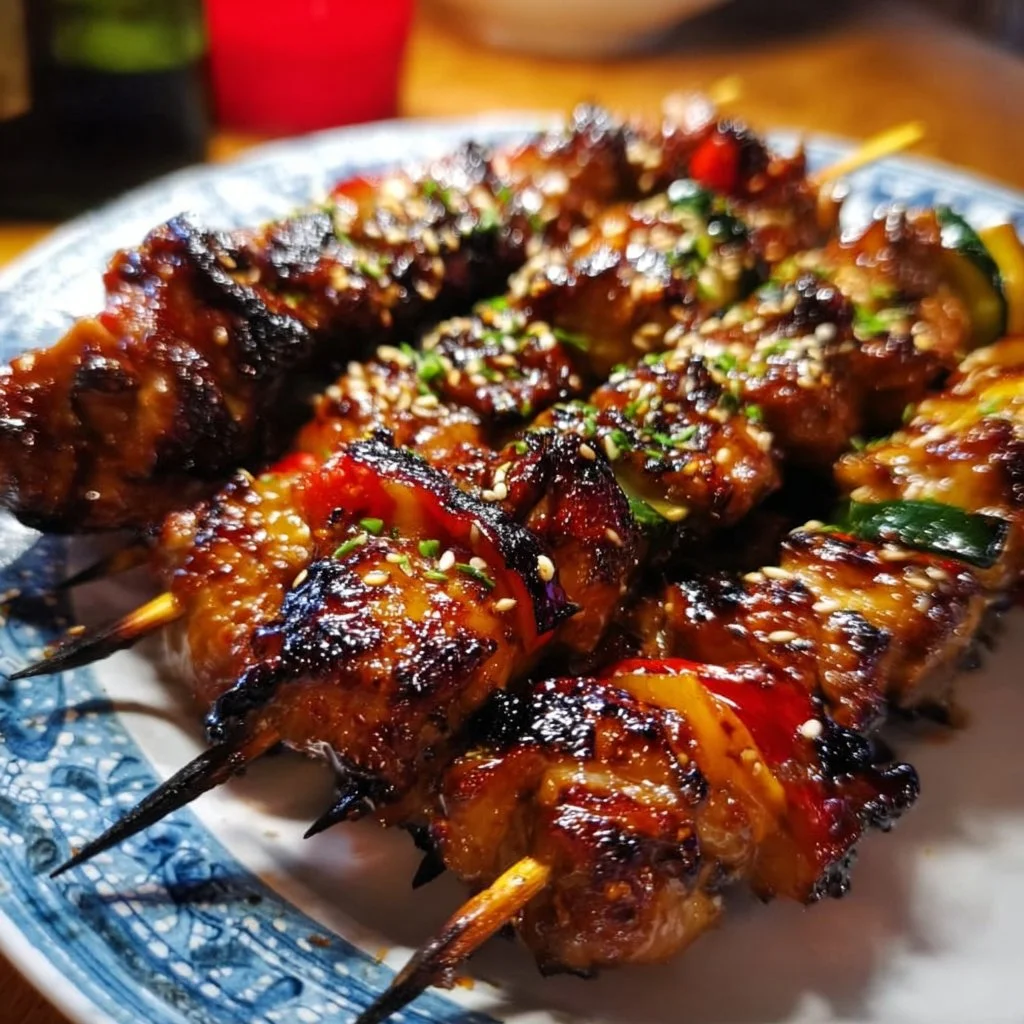 Saftige Teriyaki Hähnchen Spieße auf dem Grill, perfekt für BBQ und schnelle Rezepte.