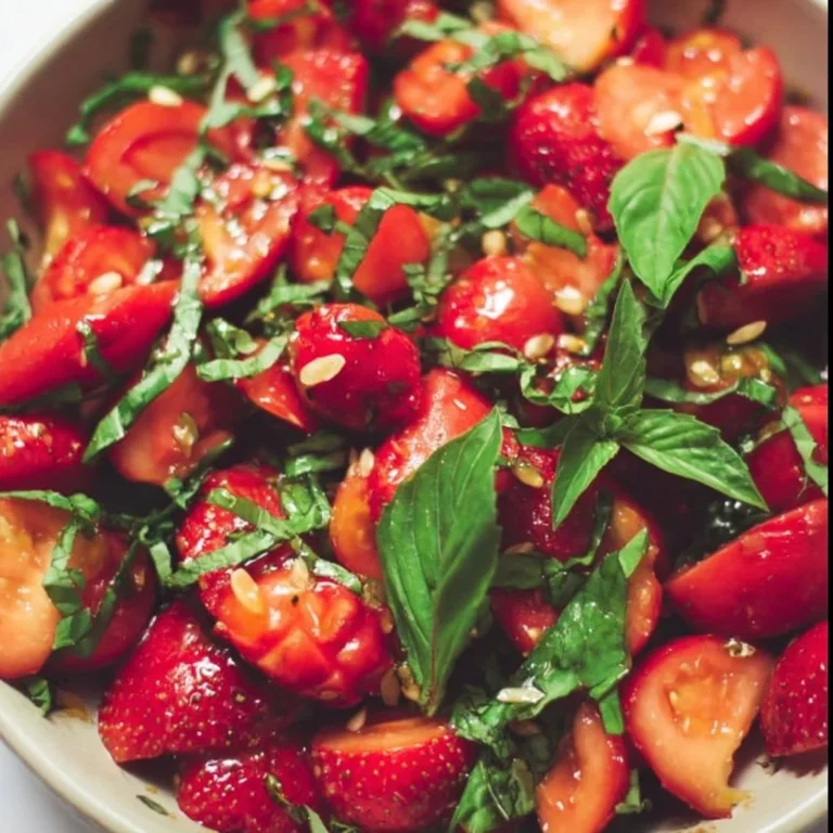 Salat mit Erdbeeren, Tomaten, Minze und Basilikum auf einem Teller