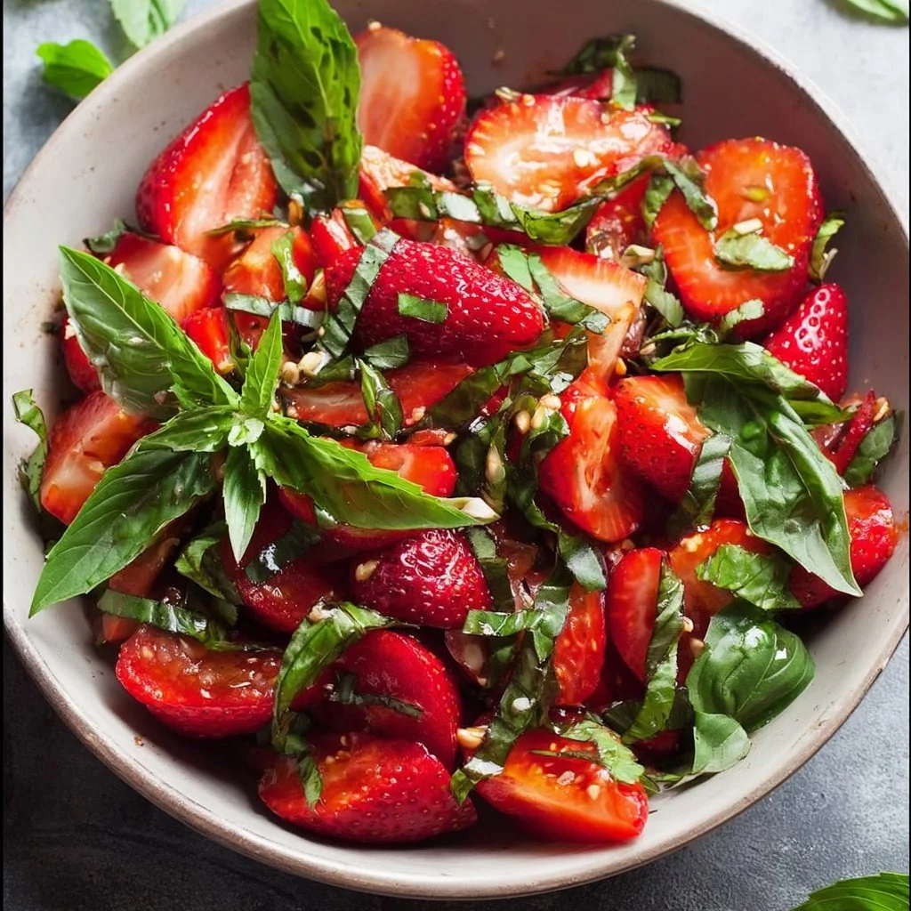 Salat mit Erdbeeren, Tomaten, Minze und Basilikum