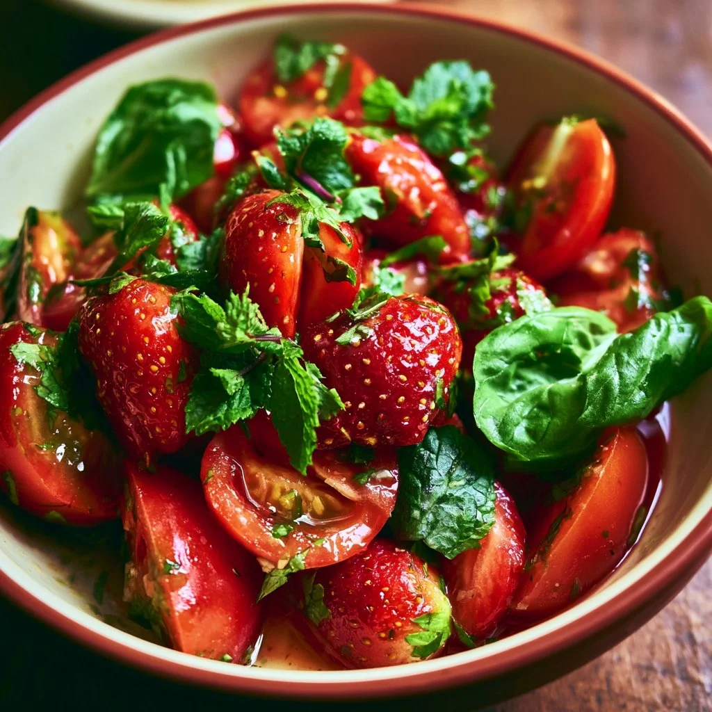 Frischer Salat mit Erdbeeren, Tomaten, Minze und Basilikum