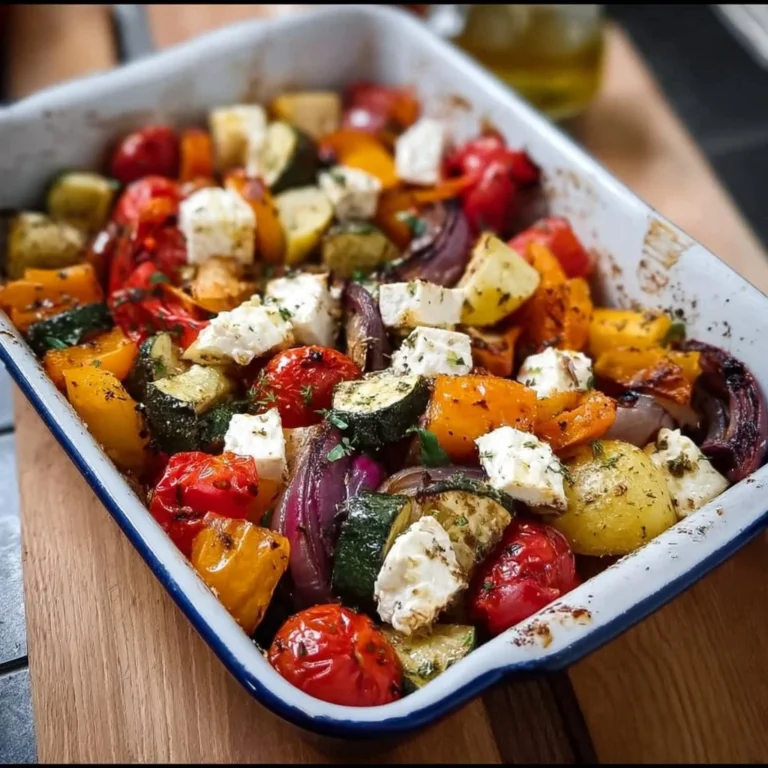 Schüssel mit schnellem Feta-Ofengemüse aus frischem Gemüse und Feta-Käse.
