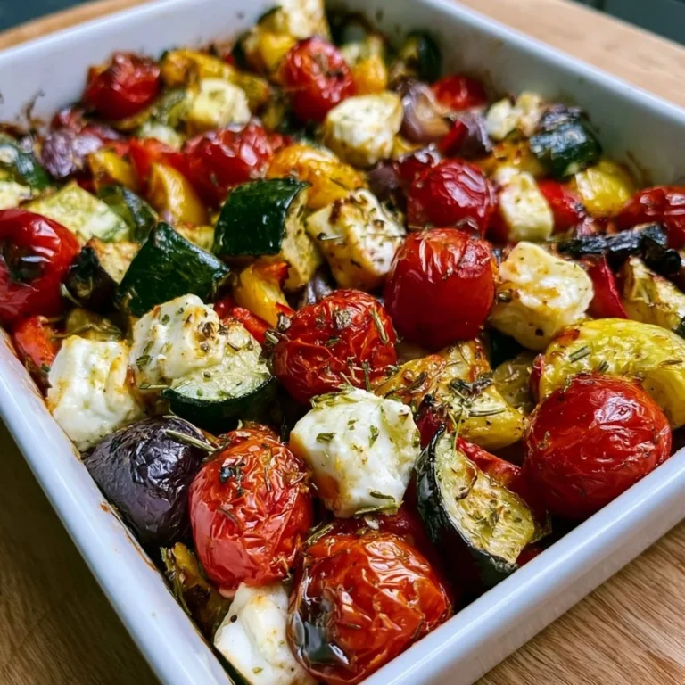 Schnelles Feta-Ofengemüse frisch aus dem Ofen mit buntem Gemüse.