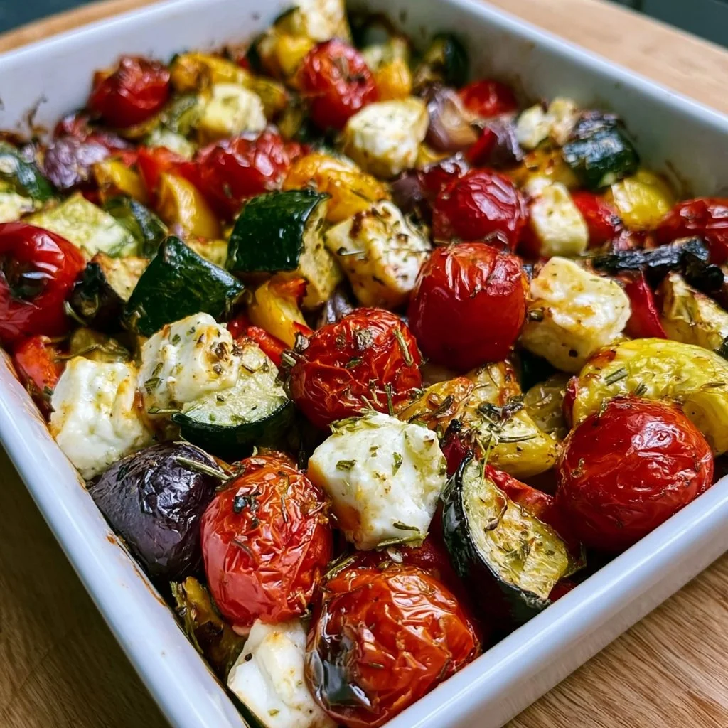 Schnelles Feta-Ofengemüse frisch aus dem Ofen mit buntem Gemüse.