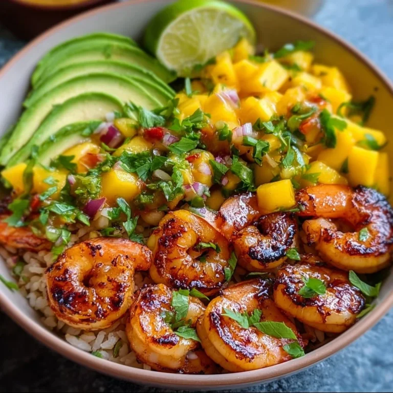 Leckere Shrimp Avocado Bowls mit Mango-Salsa und frischen Zutaten.