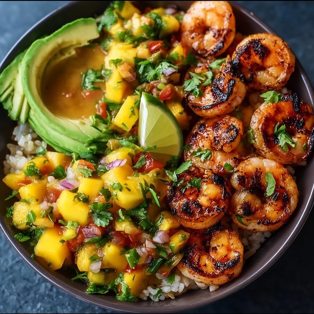 Shrimp und Avocado-Bowl mit Mango-Salsa auf einem Teller