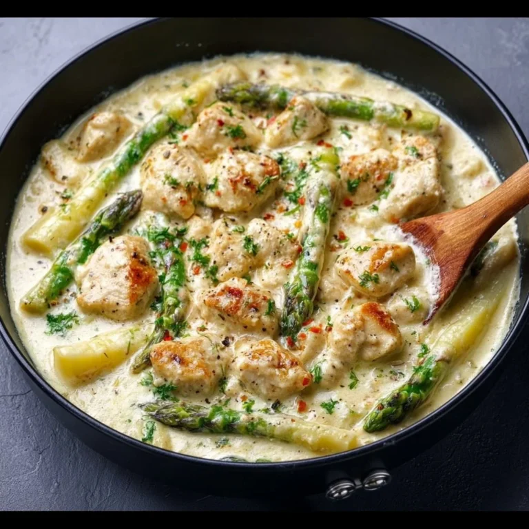 Spargelpfanne mit Hähnchen in cremiger Sahnesoße