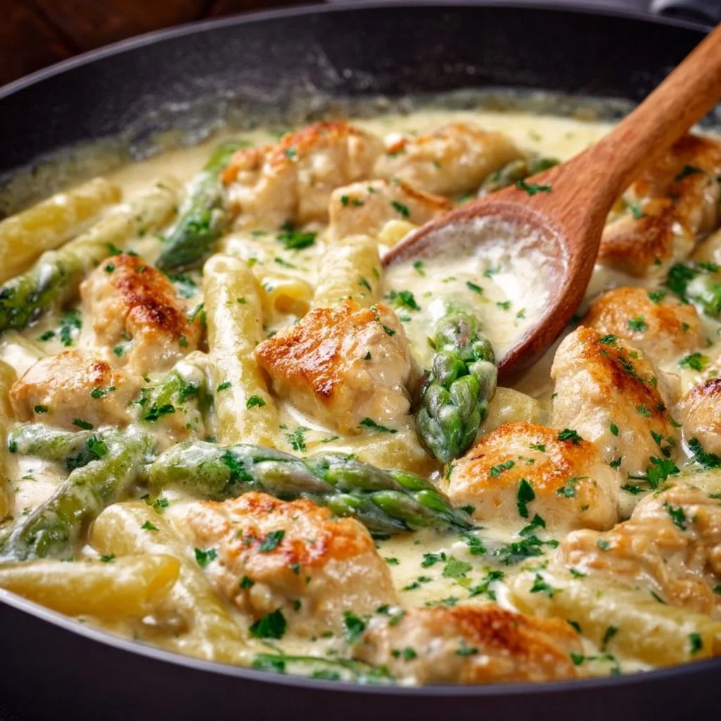 Spargelpfanne mit Hähnchen in Sahnesoße – einfach & cremig