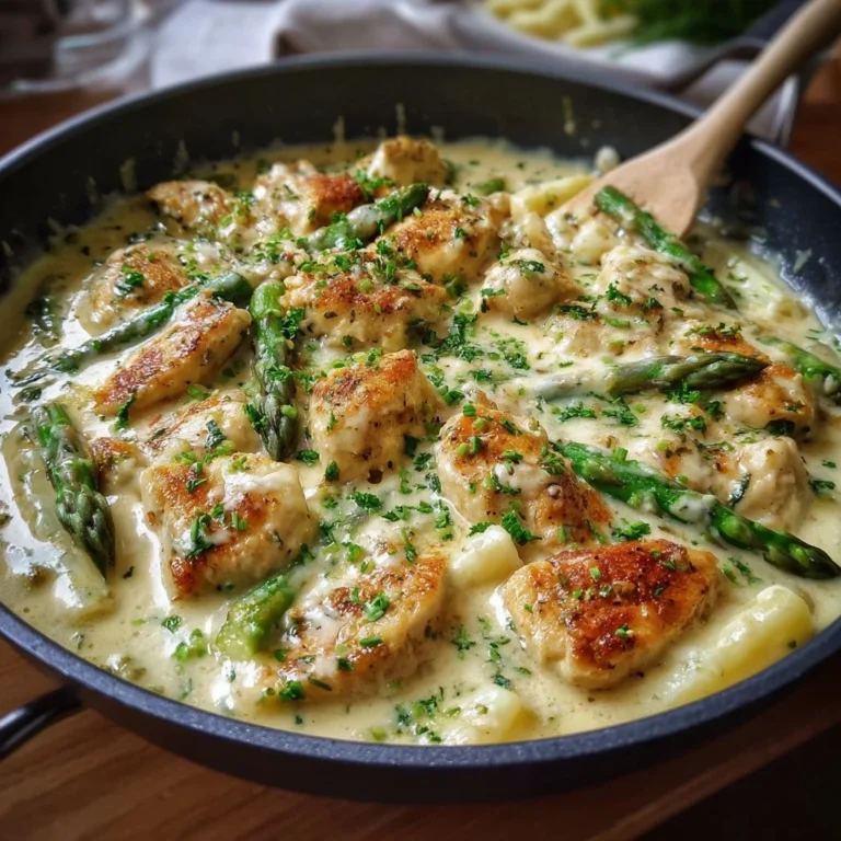Spargelpfanne mit Hähnchen in cremiger Sahnesoße