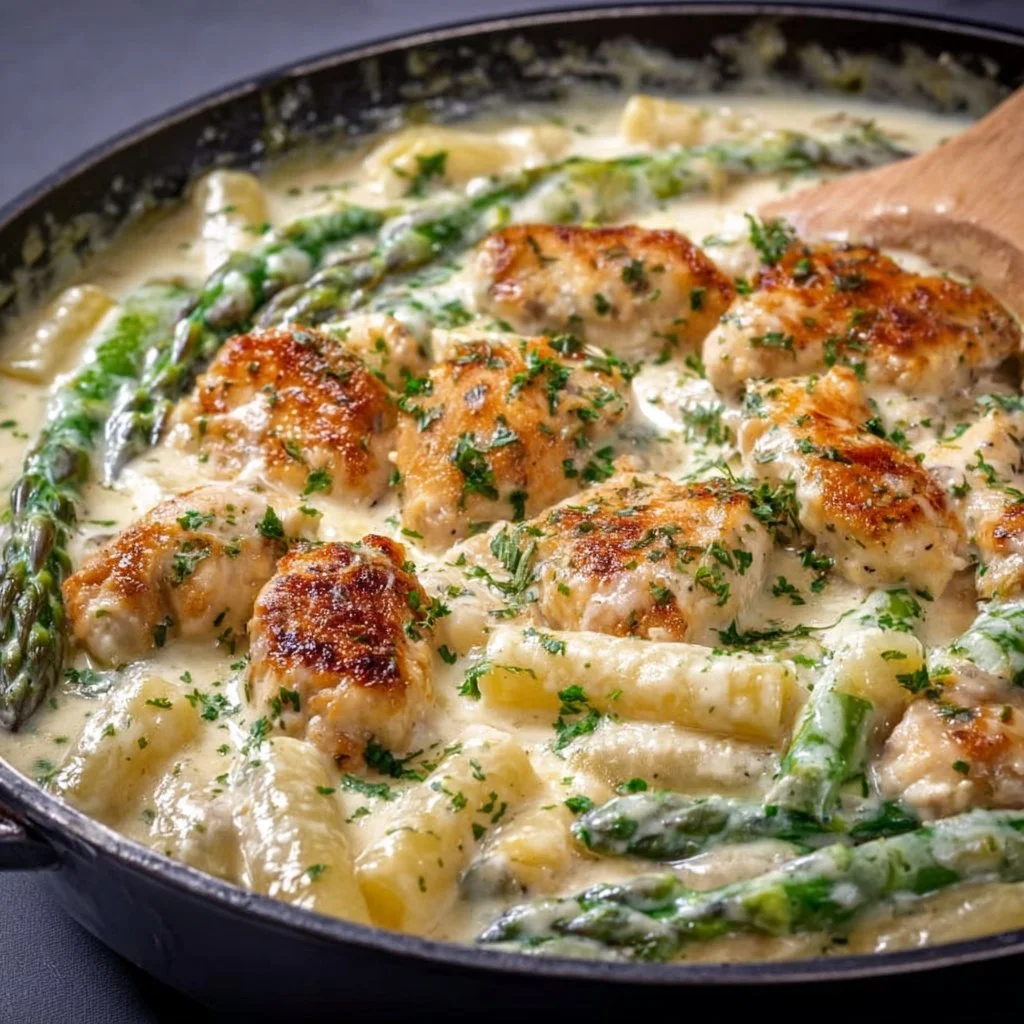Spargelpfanne mit Hähnchen in Sahnesoße – einfach & cremig