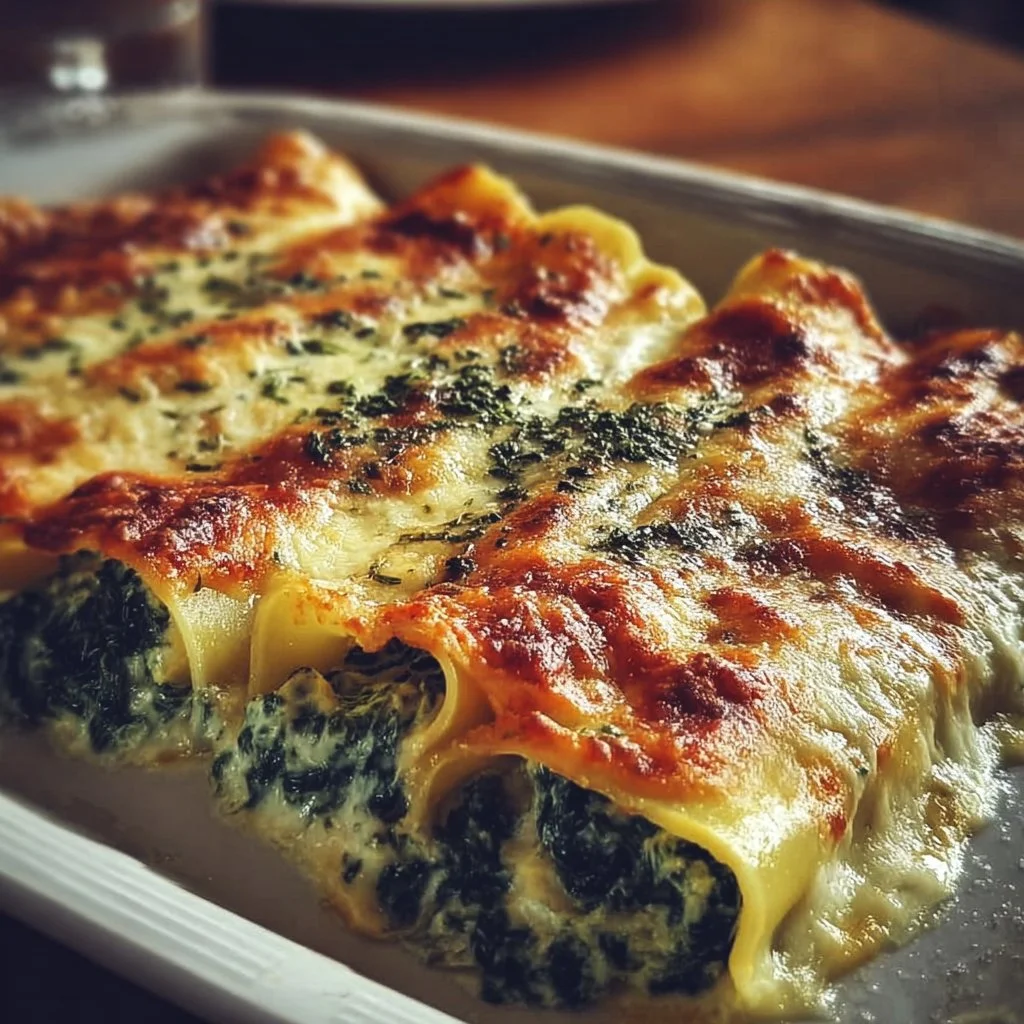 Leckere Spinat-Ricotta-Cannelloni aus dem Ofen mit frischer Tomatensauce