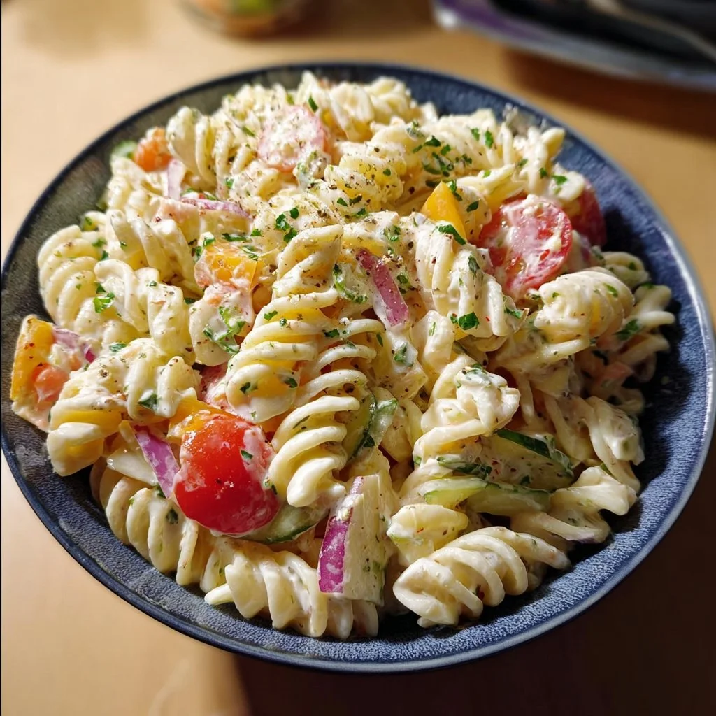 Schüssel mit cremigem Pasta-Salat, schnell und einfach zubereitet.