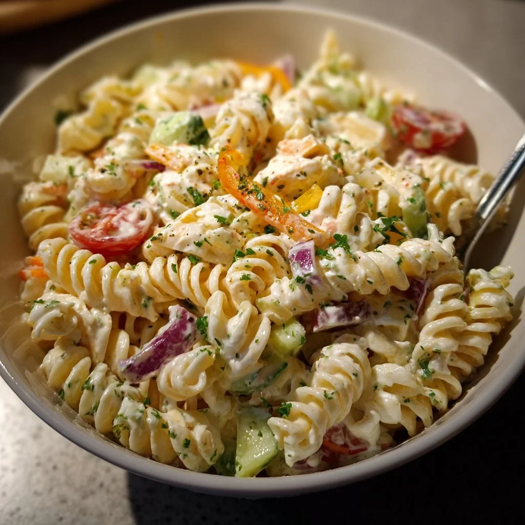 Cremiger Nudelsalat in einer Schüssel, perfekt für Sommerpicknicks.